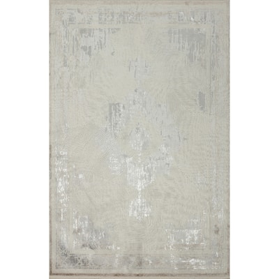 Machine Made Oriental Polyester Carpet Traditional Medallion Beige & Ivories Tabriz Area Rug - 7' 5'' X 5' 2''