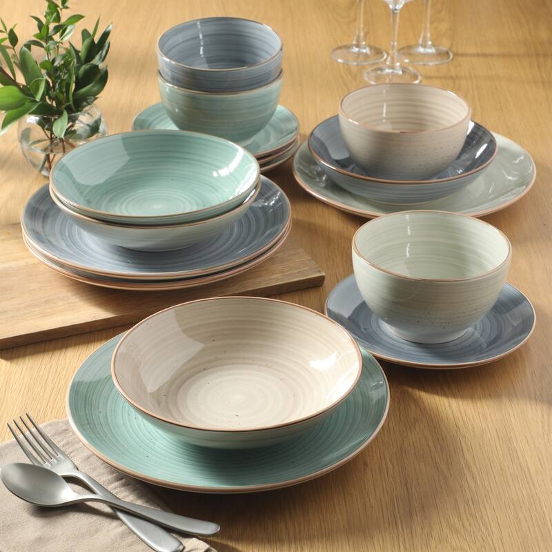 Gibson Home Stonebury 16 Piece Plates and Bowls - Handpainted Stoneware Dinnerware Set - Service for 4