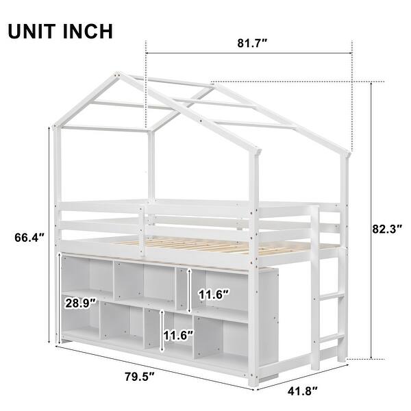 dimension image slide 0 of 2, Playhouse Design Loft Bed with Roof Frame, Under Bed Shelving Storage, Guardrails, Ladder, Twin
