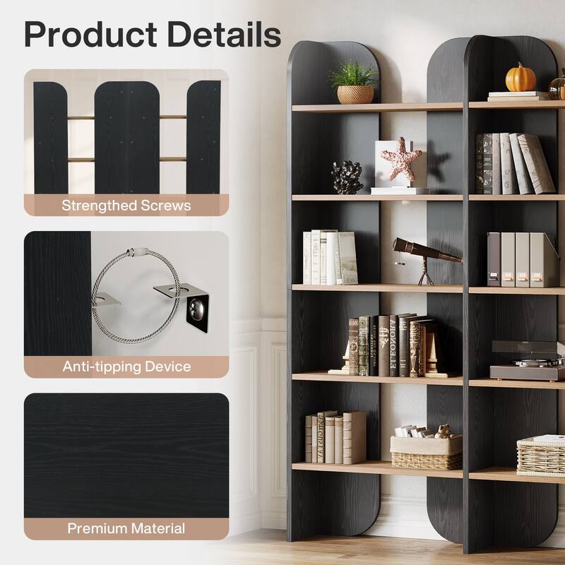 70.87" 5-Tier Double Wide Bookshelf, Open Shelves Tall Floor Standing Bookcase Storage Accent Shelf