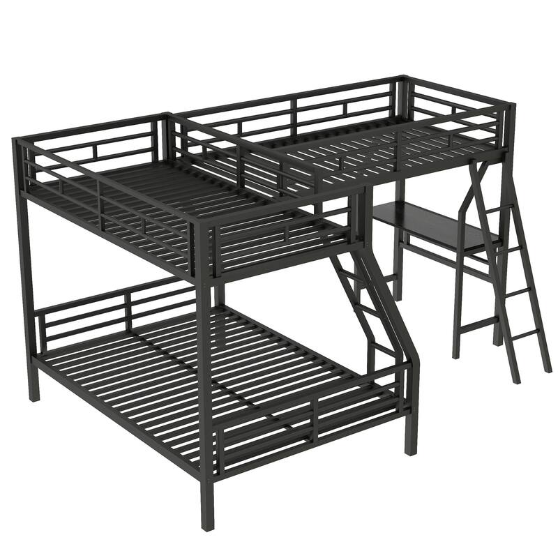 Roomfitters Twin Over Full Bunk Bed with Attached Twin Loft and Desk, Space-Saving Metal Frame for Bedroom, Black