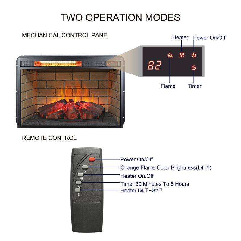 26" Electric Fireplace Insert with Infrared Quartz Heat, Adjustable Flame Brightness & Remote, 1500W Heater