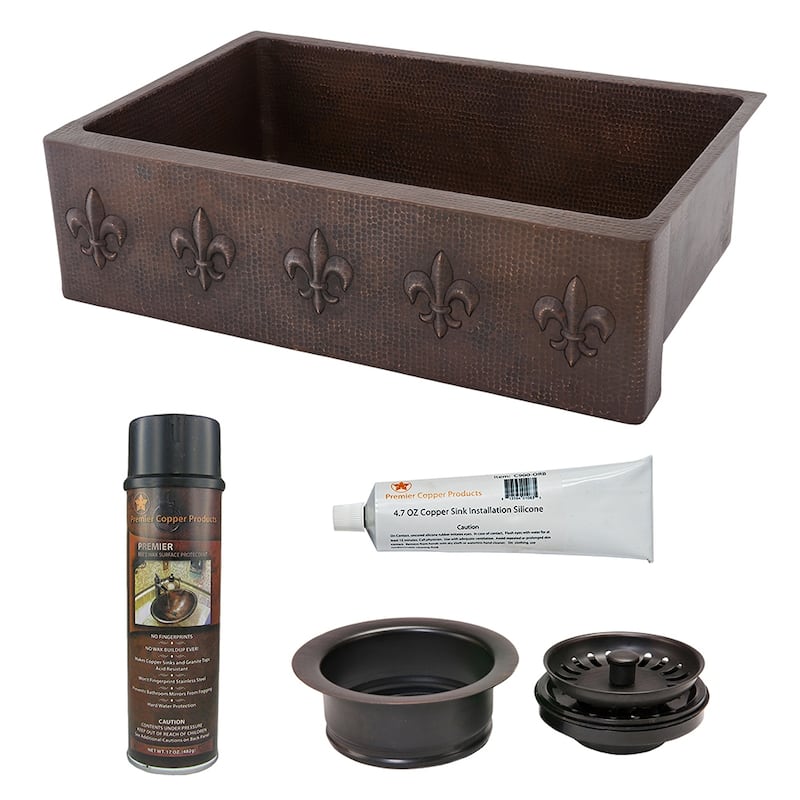 33-in Hammered Copper Kitchen Apron Single Basin Sink w/ Fleur De Lis with Matching Drain and Accessories (KSP3_KASDB33229F)