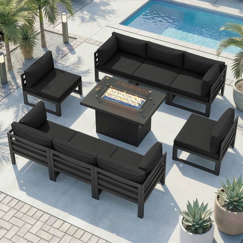 9-Piece Aluminum Outdoor Furniture Set With Fire Pit Table Propane/Natural Gas 60,000 BTU, Extra Large Aluminum Patio Sectional - Gray Frame - Black