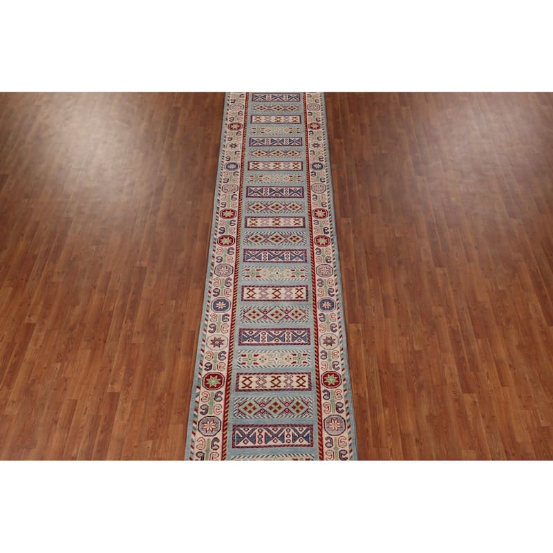 Geometric Blue Kazak Oriental Runner Rug Hand-Knotted Wool Carpet - 3'2" x 16'1"