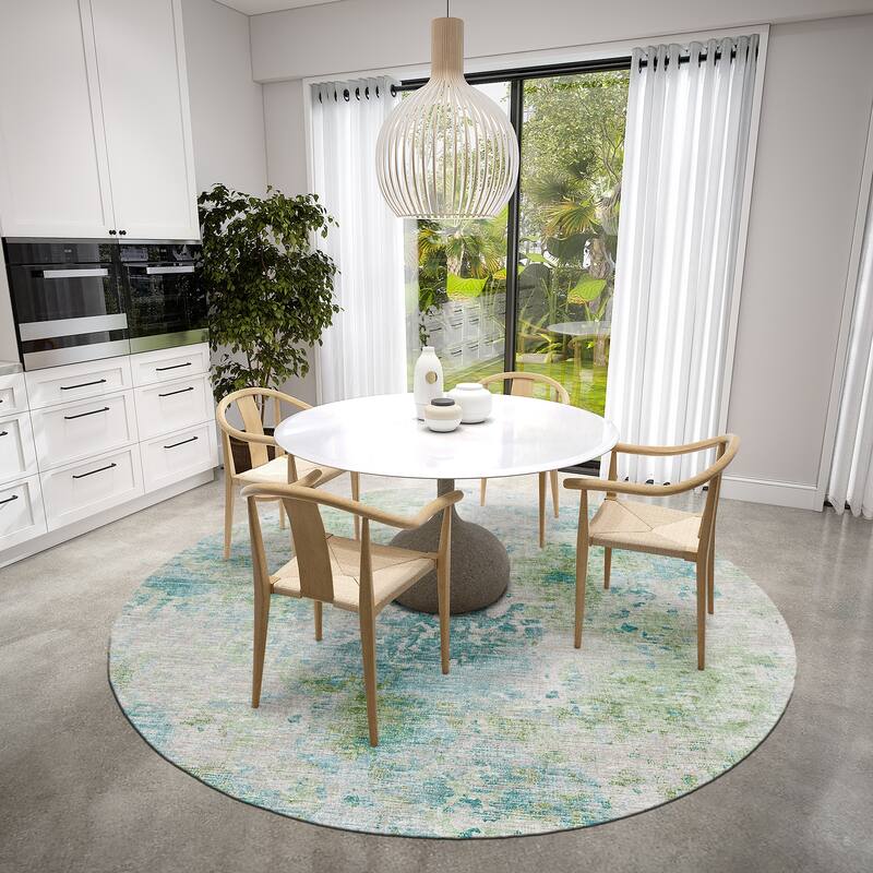 Indoor/ Outdoor Accord Modern Abstract Polyester Washable Rug New - 8' x 8' Round - Teal Green Taupe