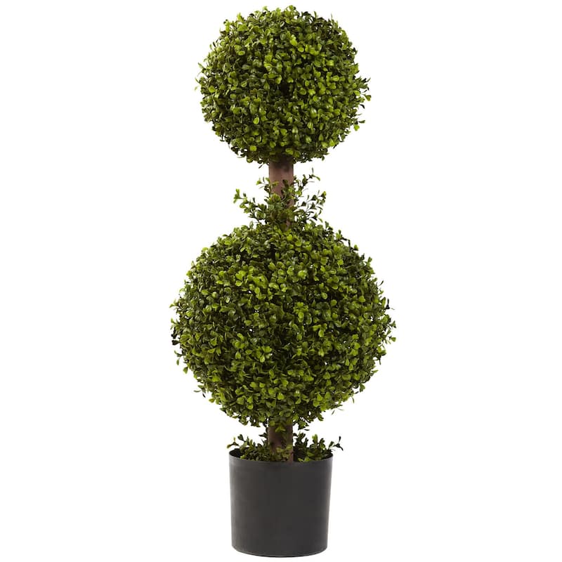 Artificial Topiary Ball Tree - 35In. Double Boxwood Plant Decor Indoor Outdoor - 2.92ft.