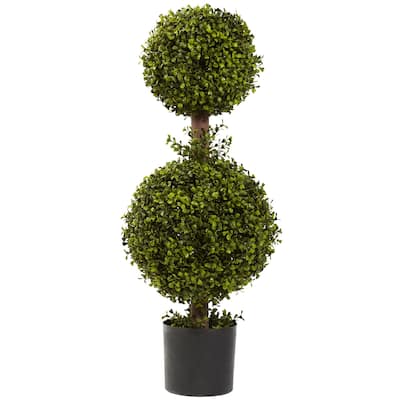 Artificial Topiary Ball Tree - 35In. Double Boxwood Plant Decor Indoor Outdoor - 2.92ft.