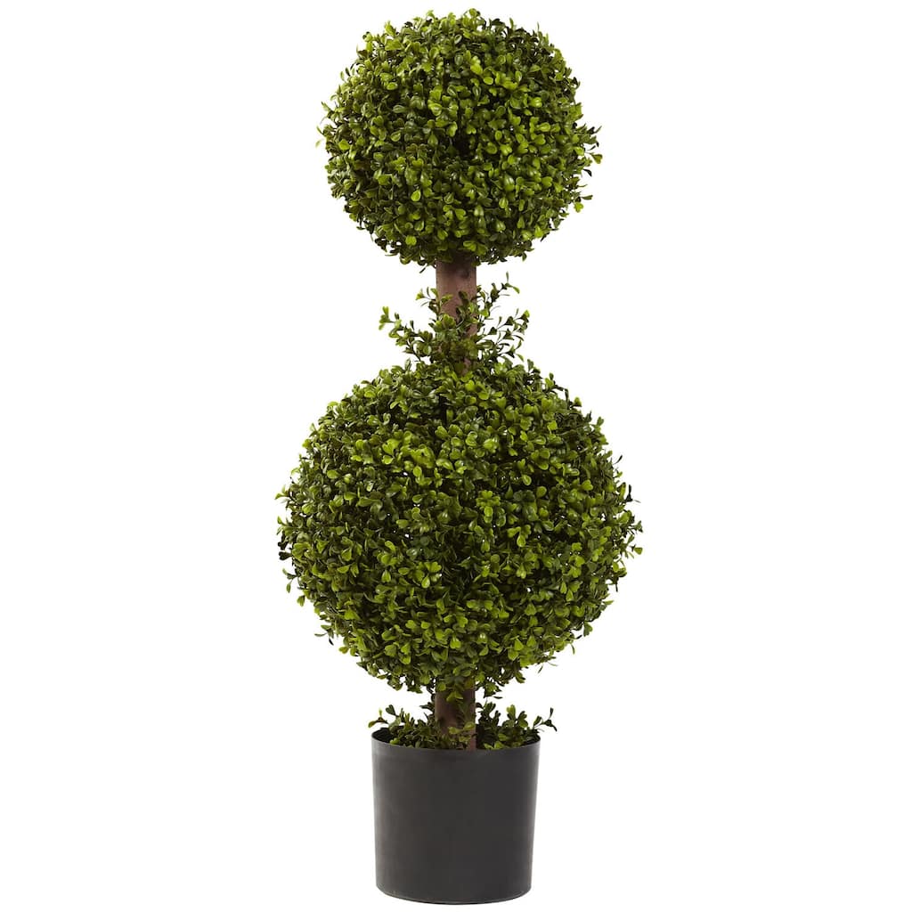 Artificial Topiary Ball Tree - 35In. Double Boxwood Plant Decor Indoor Outdoor - 2.92ft.