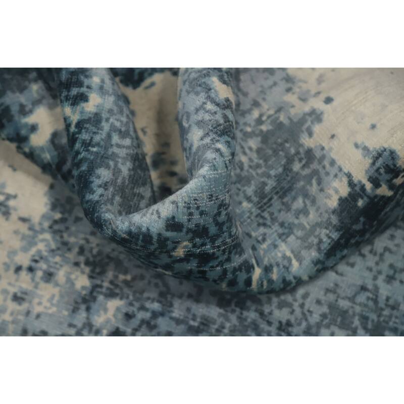 Hand Knotted Oriental Viscose Silk Carpet Modern All-Over Navy Blue & Blues Abstract Area Rug - 7' 11'' X 4' 11''