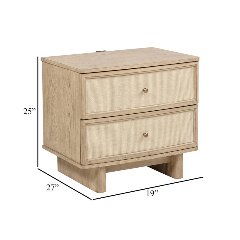 Lno Nightstand, 2 Cane Accent Drawers w Brass Knobs, USB, Oak Beige