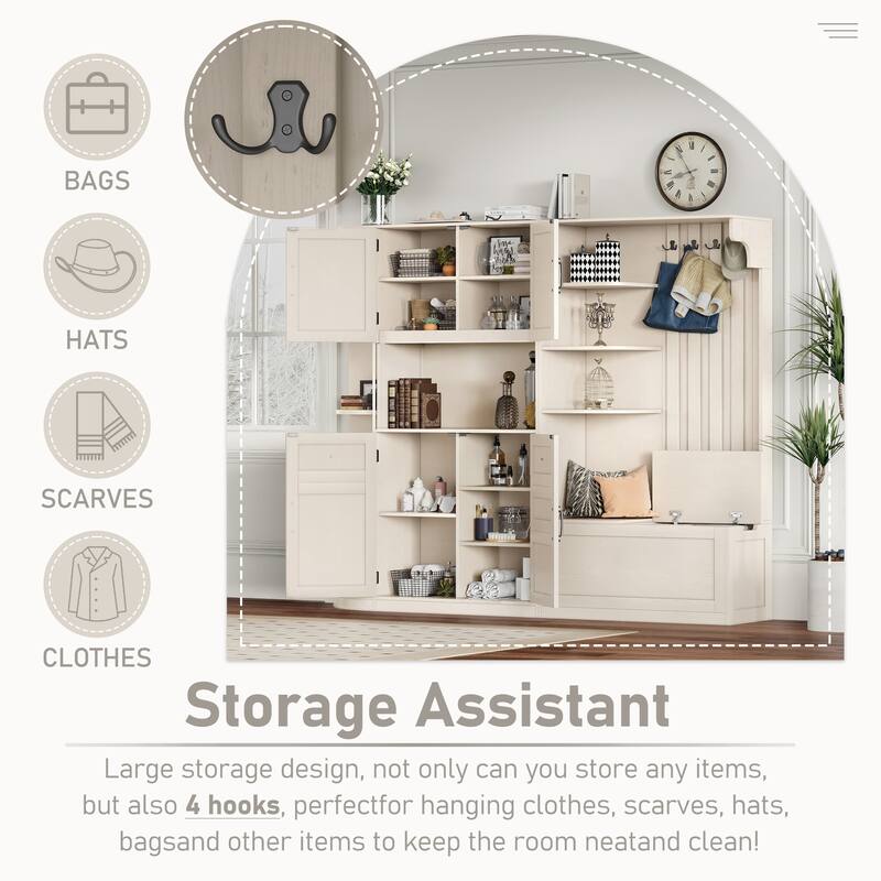 2-in-1 Hall Tree & Storage Cabinet for Living Room, Multifunctional Left-Right Combination Hall Cabinet with Bench and 4 Hooks
