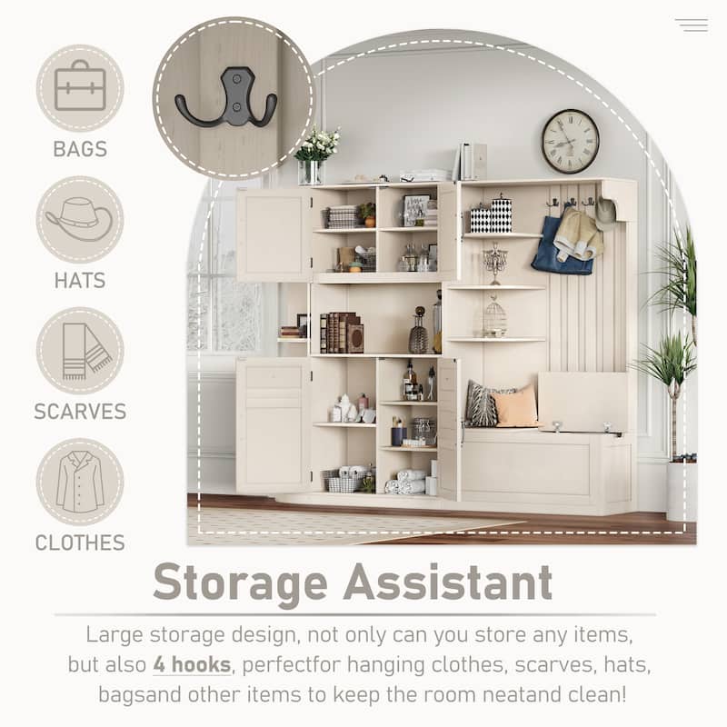 GDFStudio - Jill Versatile Left-Right Combination Hall Cabinet with 4 Hooks and Hall Tree 2-in-1