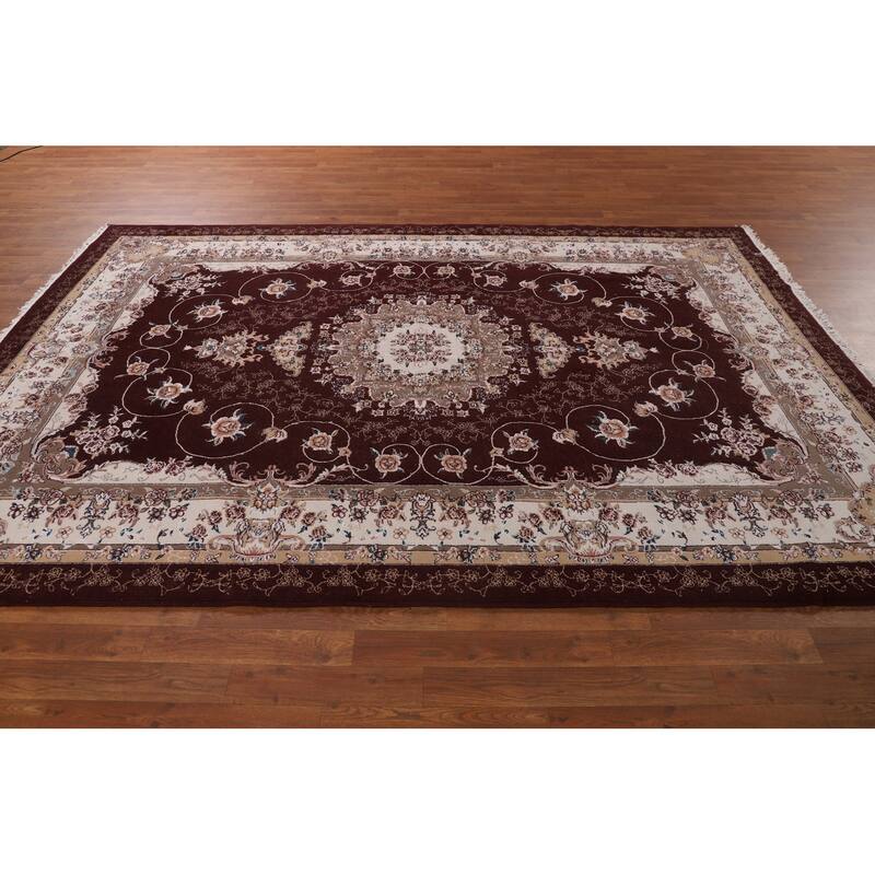 Burgundy Red Floral Kashan Turkish Rug Machine-Made Carpet - 6'7" x 9'10"