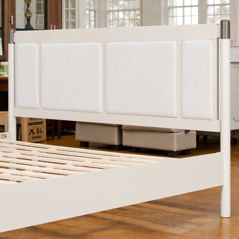Solid Wood Platform Bed with Upholstered Headboard and Metal Handles, Heavy Duty 500 lbs Support, No Box Spring