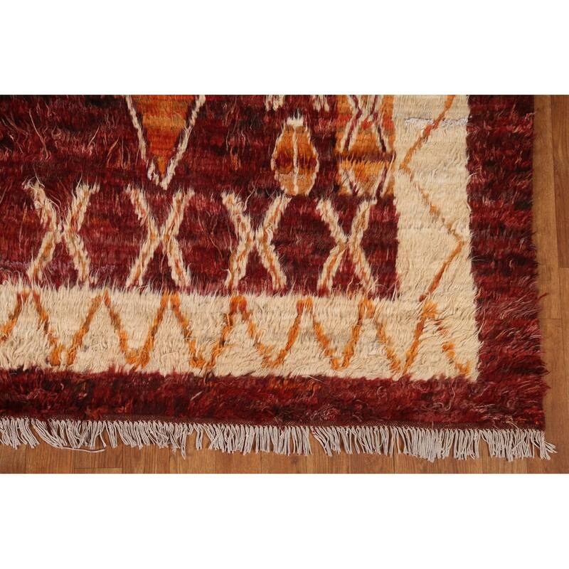 Hand Knotted Oriental 100% Wool Carpet Modern Tribal Red Moroccan Area Rug - 9' 10'' X 6' 10''