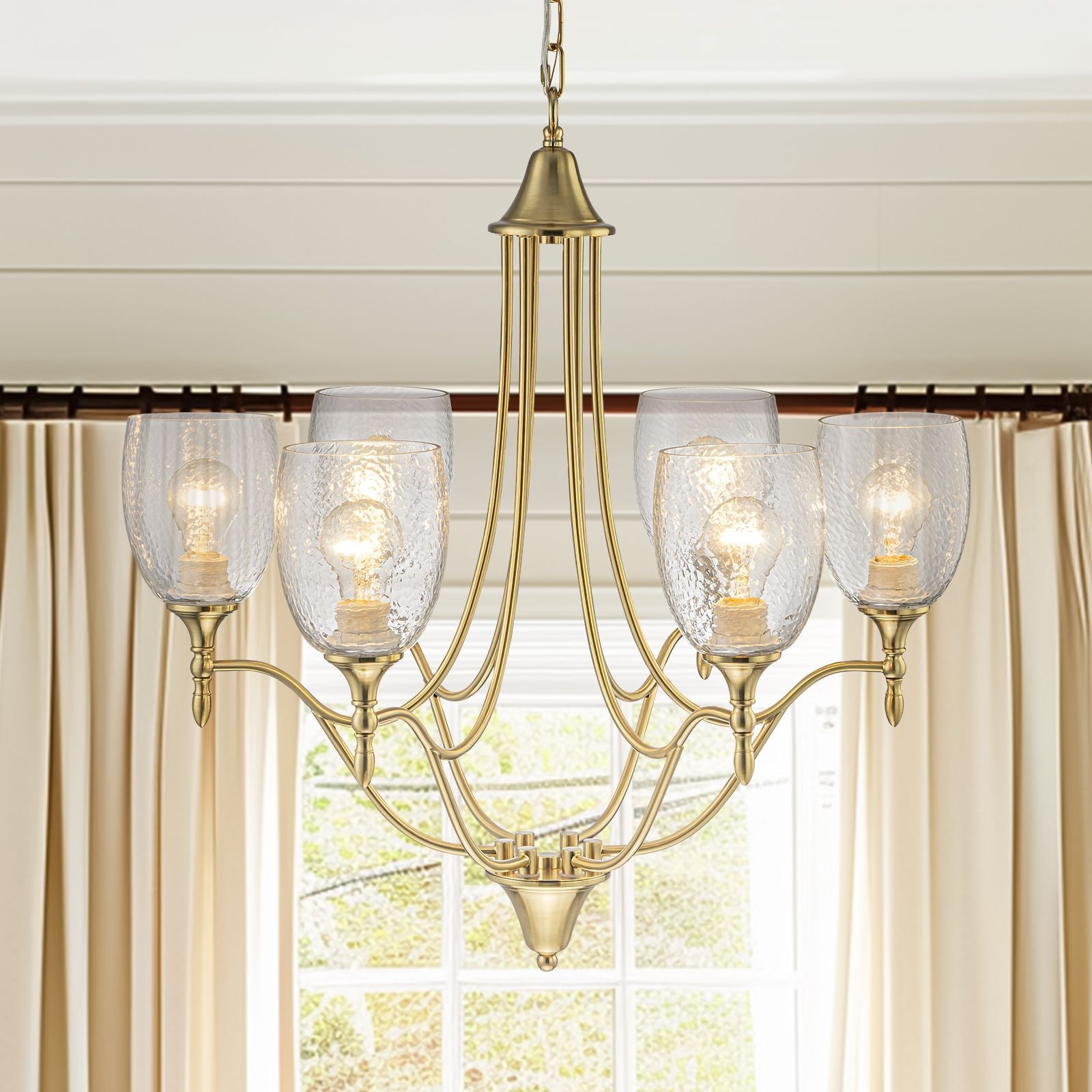 6 Light Gold Chandelier Hammered Water Glass Shade Hanging Light - 6-Light