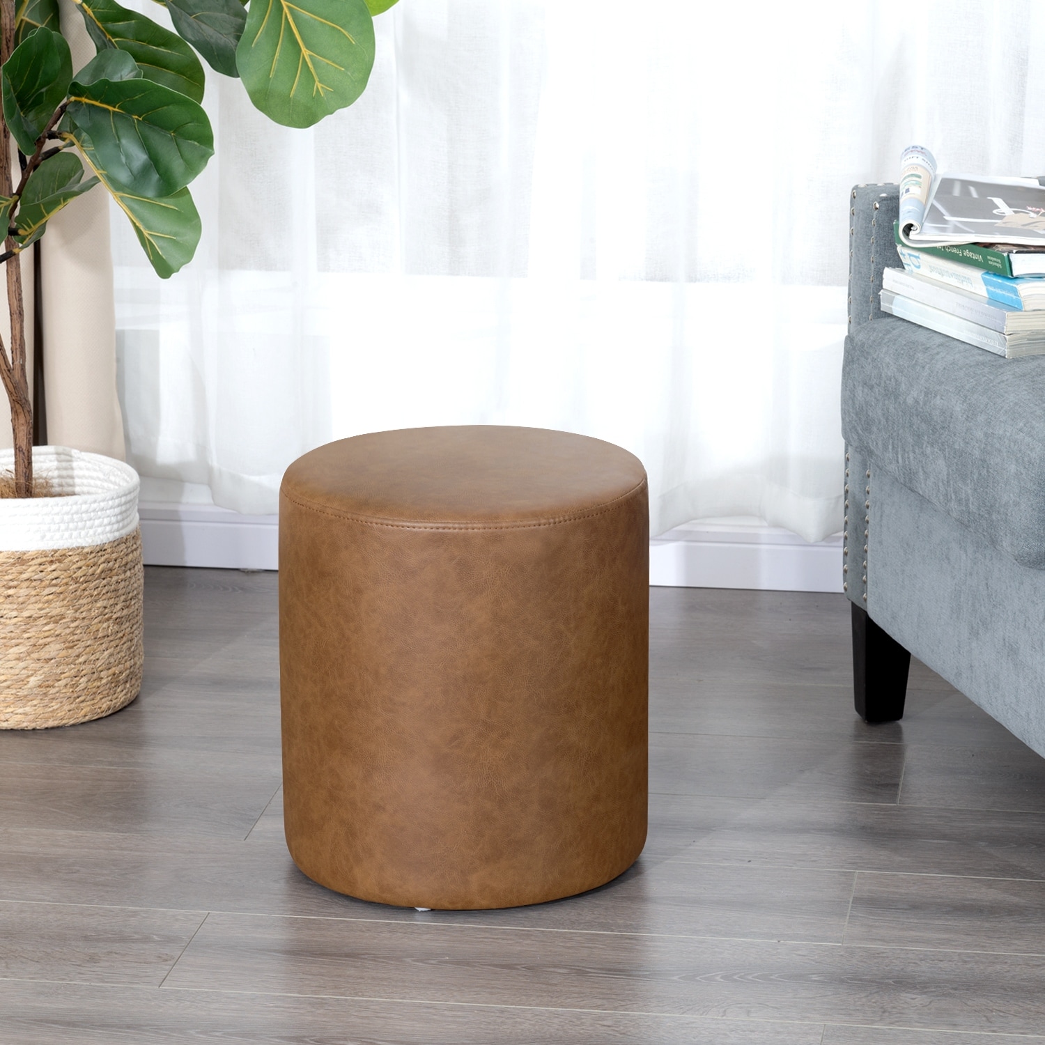 Adeco 15" Faux Leather Round Ottoman Upholstered Footrest Stool for Living Room