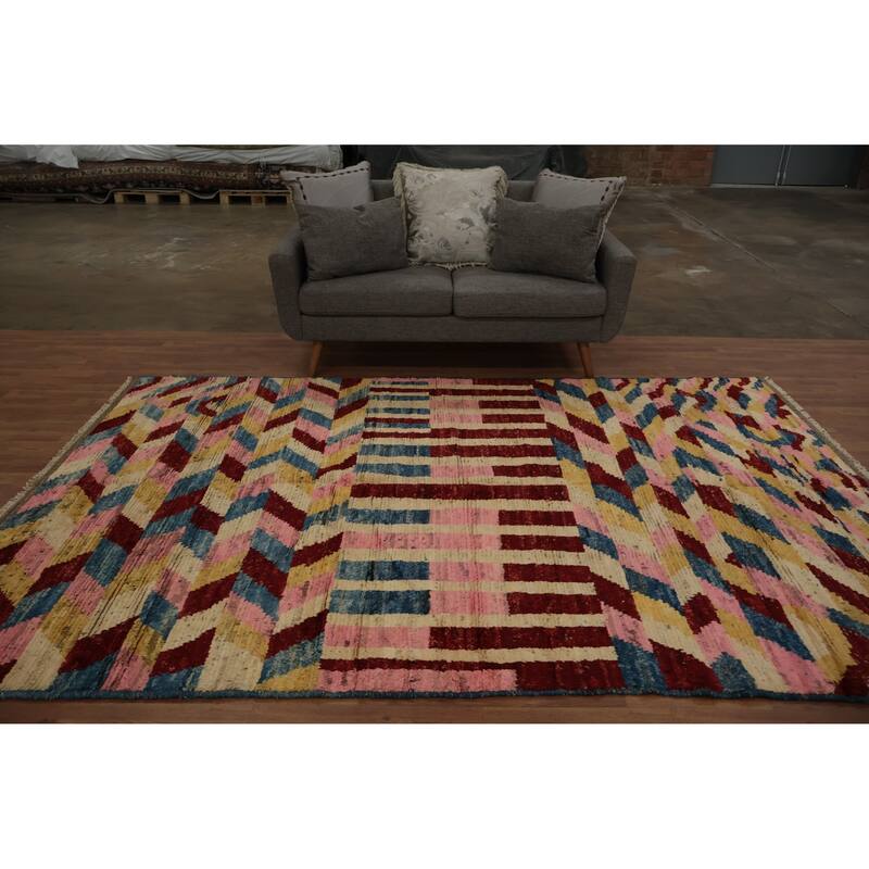 Hand Knotted Oriental 100% Wool Carpet Modern Geometric Multi-Colored Moroccan Area Rug - 10' 3'' X 6' 7''