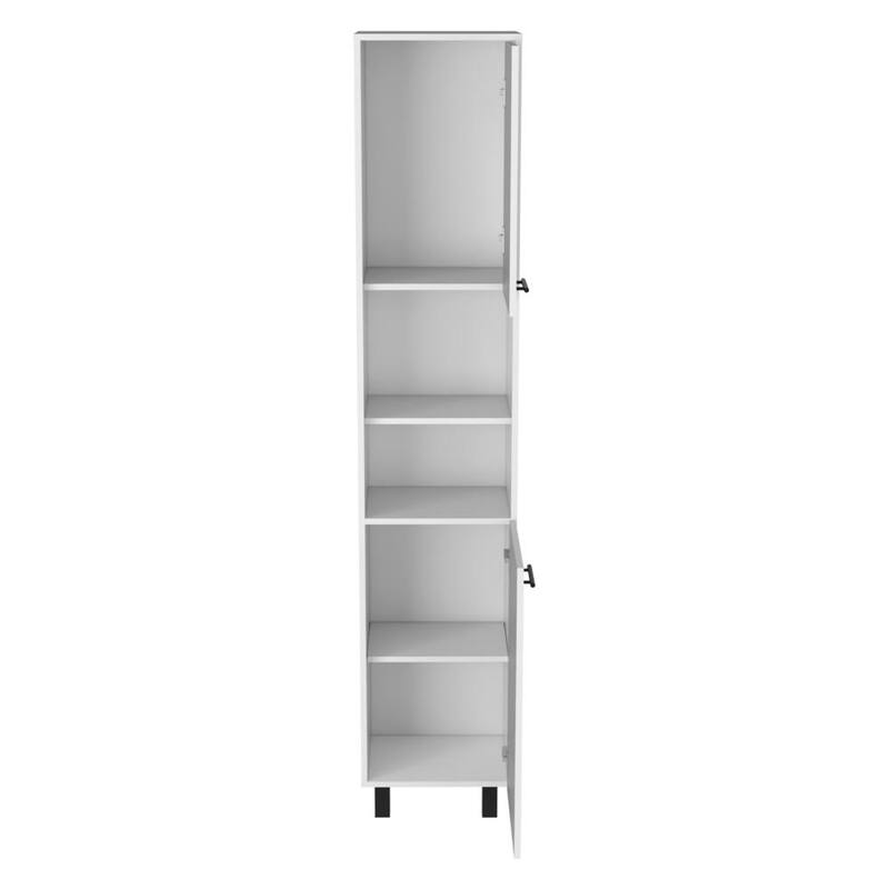 Kitchen Pantry 79" H, Two Open Storage Shelves, Three Internal Shelves, Two Doors, Four Legs, White