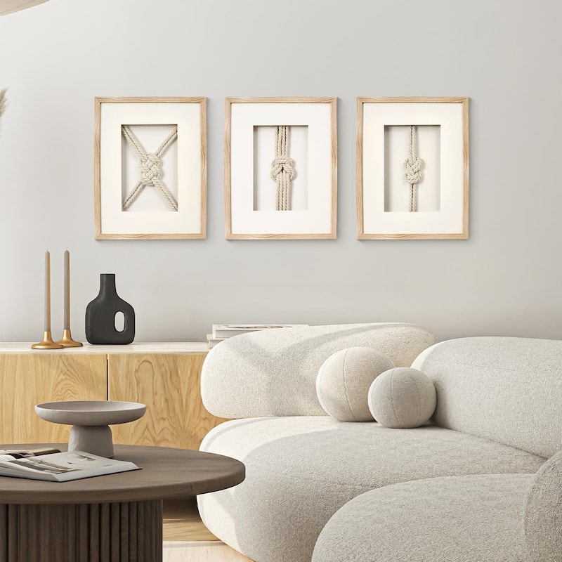 American Art Decor Naut Shore Framed Nautical Knots Wall Decor in Natural 3-piece set