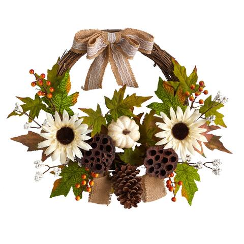 20" Autumn Sunflower Fall Wreath with Decorative Bow - 20