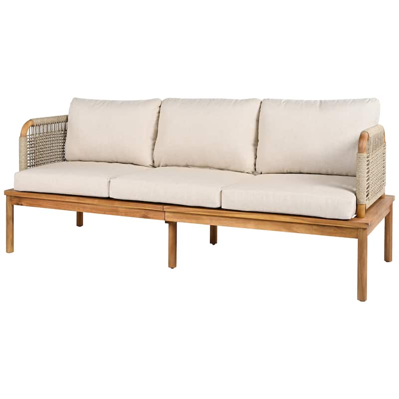 3-Piece Outdoor Patio L-Shaped Acacia Wood Rope Weave Sectional Sofa Set with Coffee Table and Ottoman