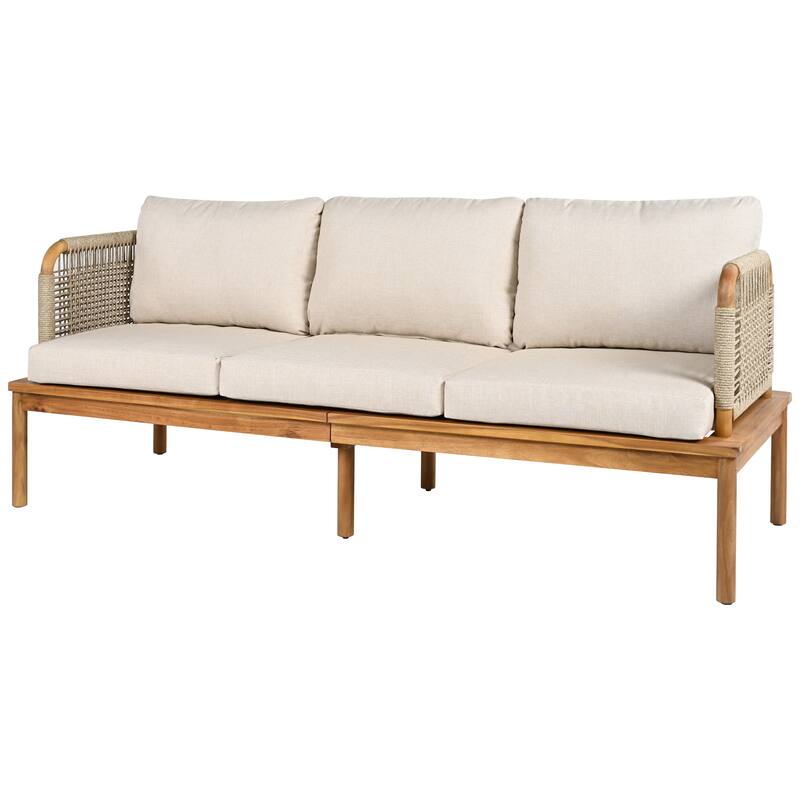 4 Pcs Outdoor Rope Sofa Set, All-Weather Patio Conversation Furniture Set with Acacia Wood Table, Single Sofa and Ottoman