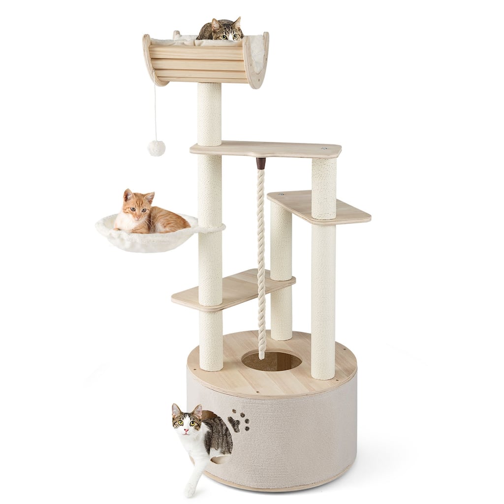 Natural Wooden Cat Tree Tower with Condo Hammock Perch and Scratching Posts 55 Inch Multi Level