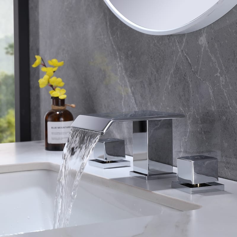 3.6"H Solid Brass Widespread 2-Handle Bathroom Waterfall Sink Faucet