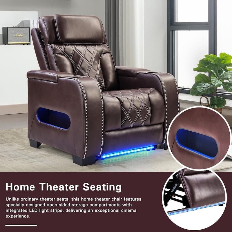 Power Recliner Chair with Adjustable Headrest, Breathable PU Leather Home Theater Seating with Ambient Lighting,Cup Holders
