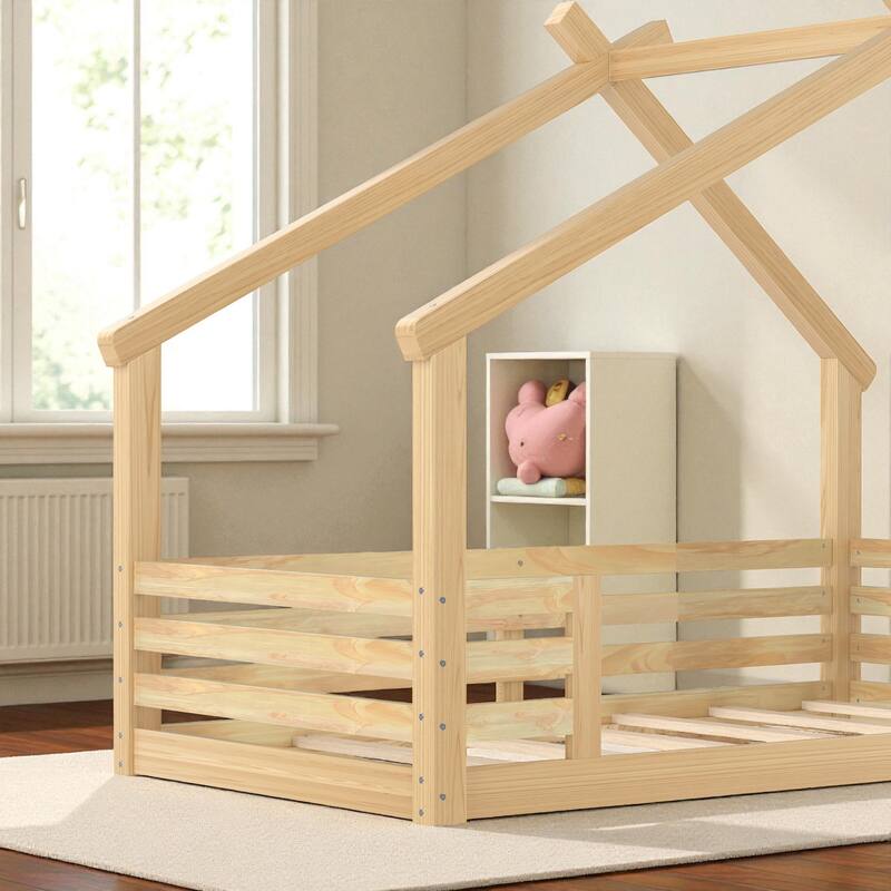 Twin/Full Size Solid Wood House Floor Bed with Window and Shelf, Montessori Low Bed Frame for Kids, No Box Spring Needed