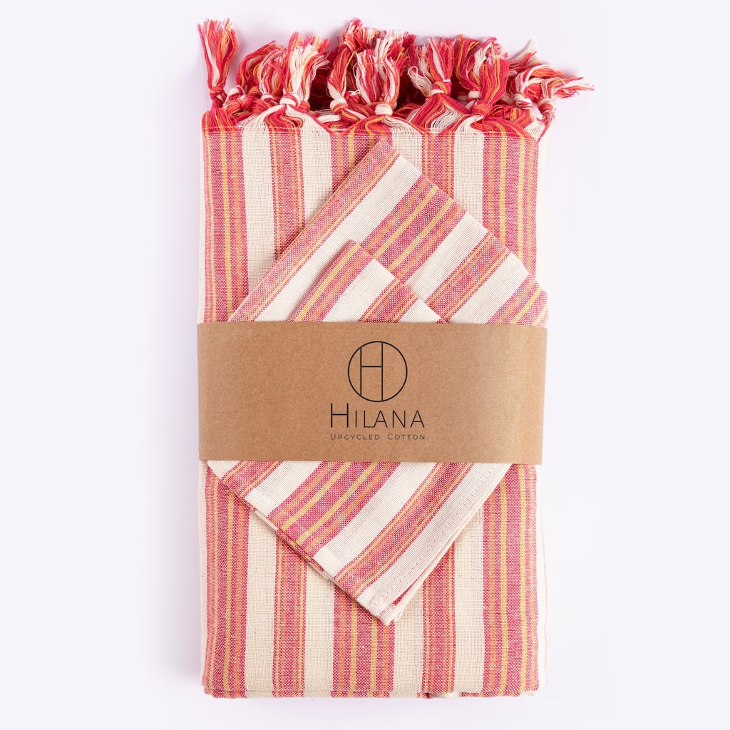 Hilana Upcycled Cotton Andana Striped Tablecloth Set Magenta