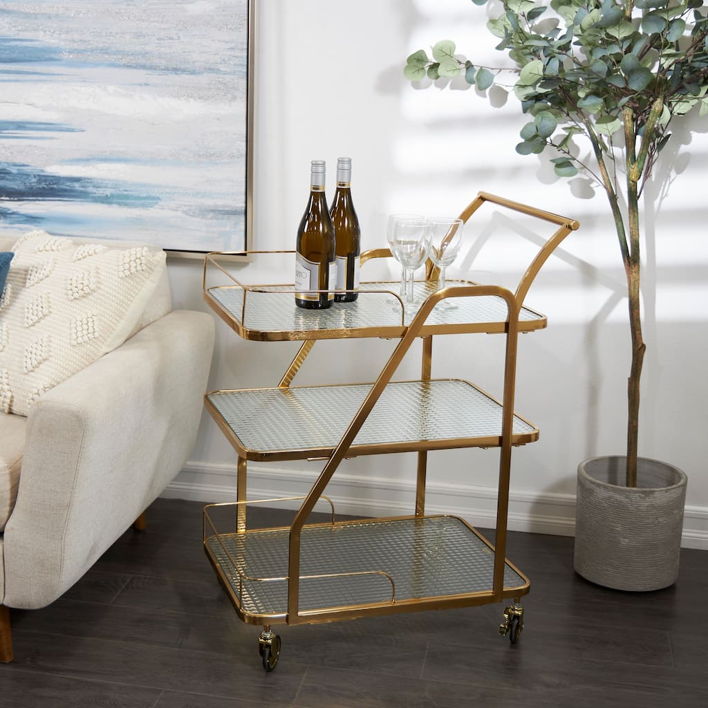 Gold Metal Glass Shelf 3 Tier Bar Cart with Side Guards and Handle