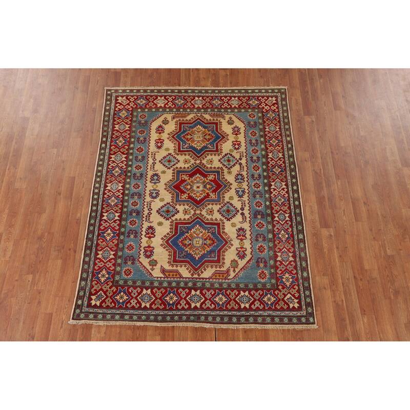 Geometric Kazak Oriental Area Rug Hand-Knotted Beige Wool Carpet - 4'11" x 6'4"