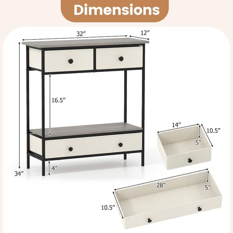 Gymax Console Table w/ 3 Fabric Drawers 32'' Narrow Entryway Table