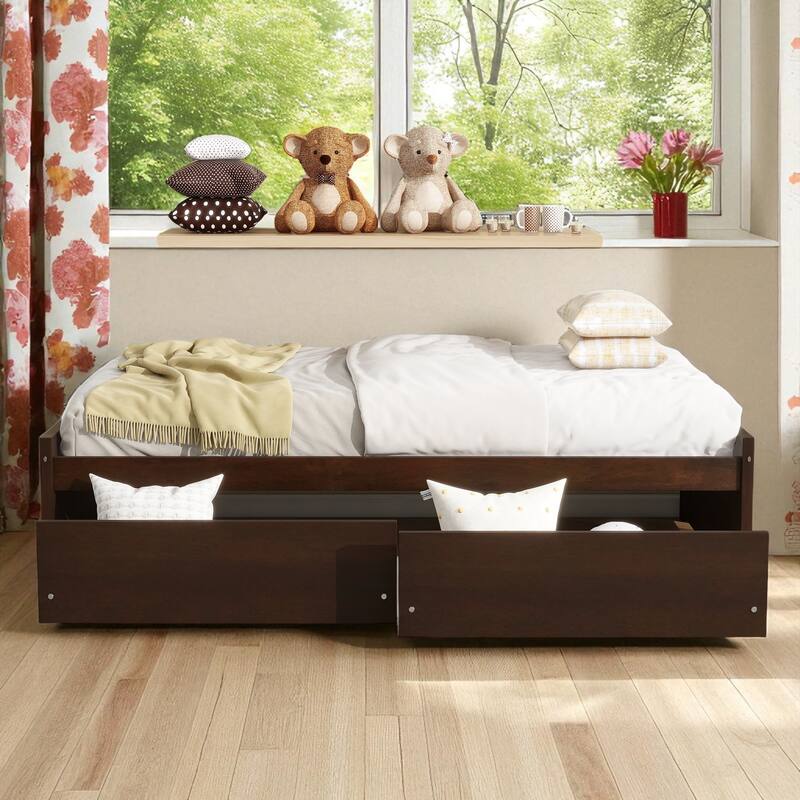 Twin Bed with Storage Drawers, Solid Rubberwood Platform, 10 Slats, No Box Spring Needed, Kids & Guest Room, 76.6"x41.6"