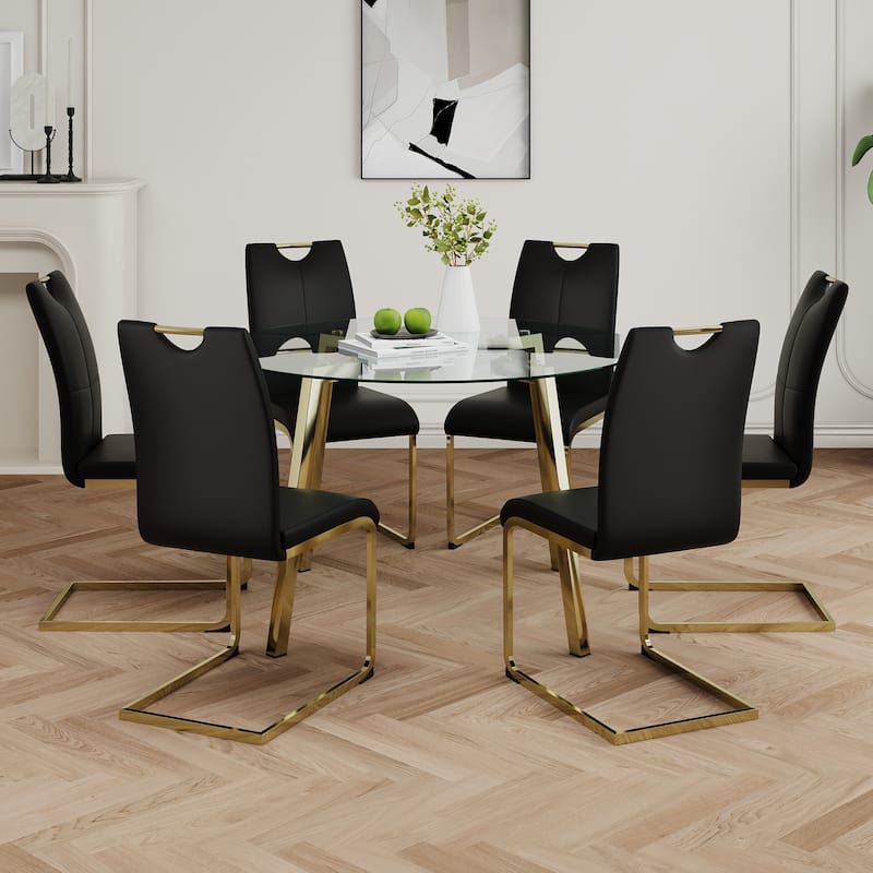 7-Piece Compact Round Dining Table Set, 47.2" Glass Table with 6 Faux Leather Chairs, Modern Dining Table and Chair Set for 6