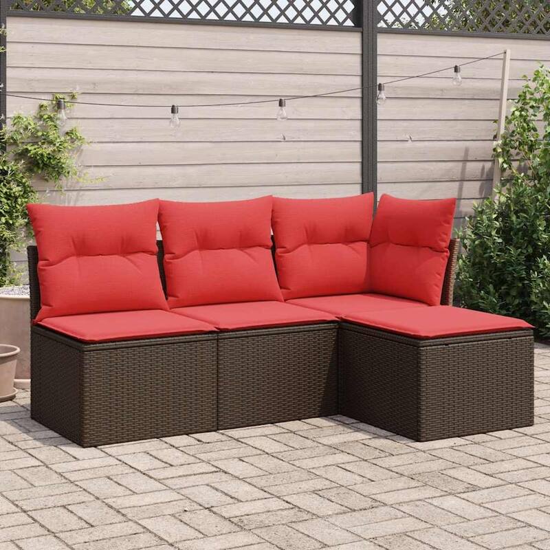 vidaXL 4/5 Piece Patio Sofa Set with Cushions Black/Brown/Gray Poly Rattan - 24.4 x 24.4 x 27.2 - Brown and red Without table