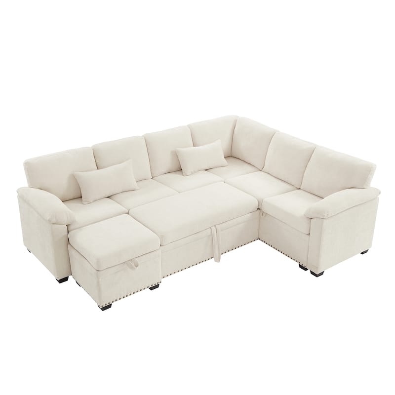 L-Shaped Chenille Sectional Sofa with Pull-Out Bed, Upholstered Convertible 7-Seater Sofa with Storage Ottoman & 2 Pillows