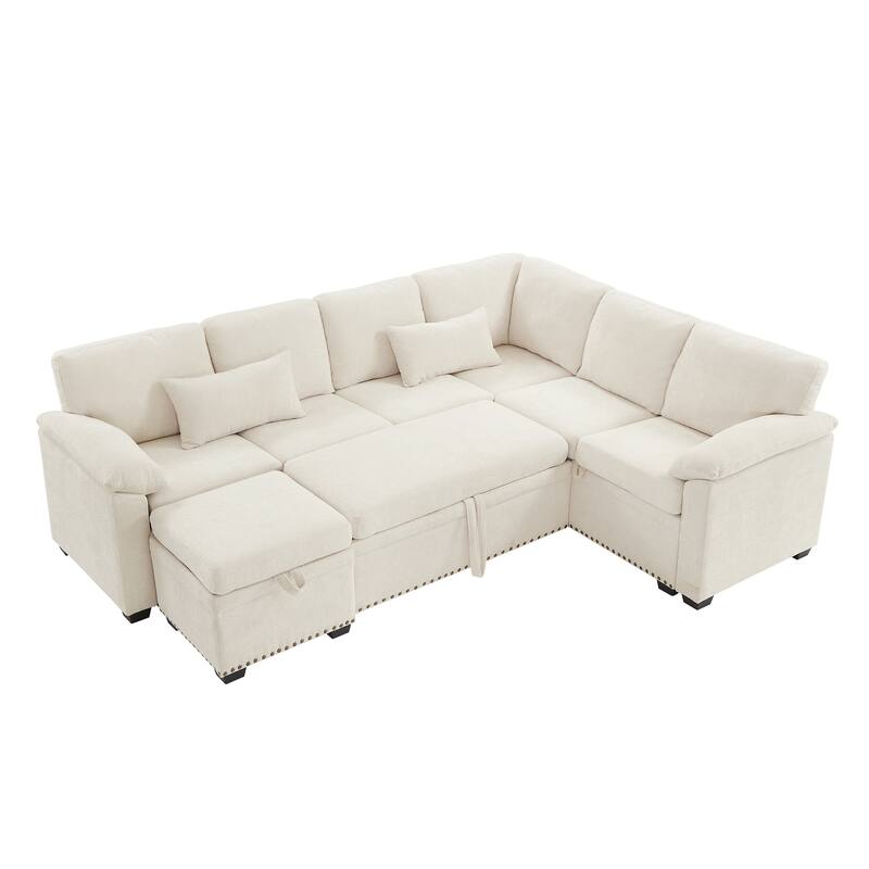 L-Shaped Corner Sectional Sofa with Seat and Storage Ottoman, Chenille Sofa Bed with 2 Pillows for Living Room Sleeper Couch