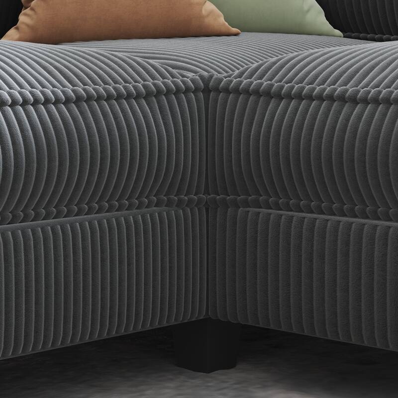 133" L-Shaped 6-Seater Corduroy Sectional - Storage Armrests with USB Charging & Reversible Design