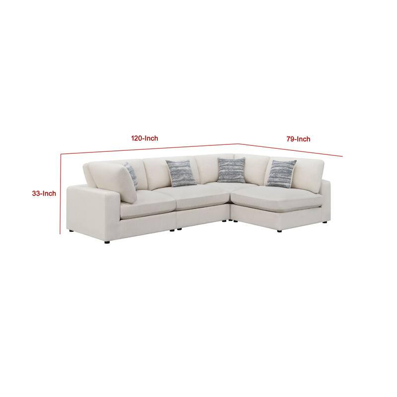Serena 4pc Modular Sectional Sofa, 4 Accent Pillows, Beige Jacquard