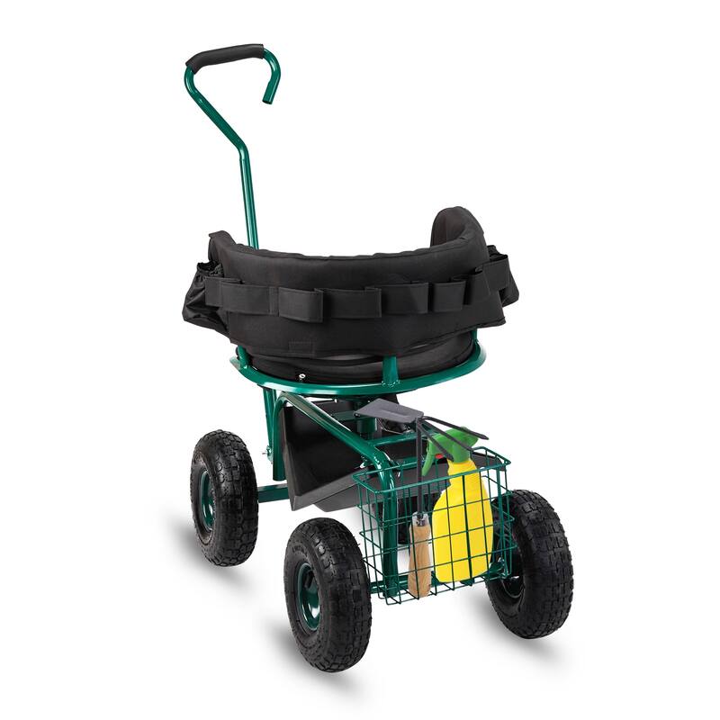 Rolling Garden Cart with Cushioned Backrest & Seat, Outdoor Gardening Stool for Planting, Garden Scooter - 35 x 29.1 x 23.6