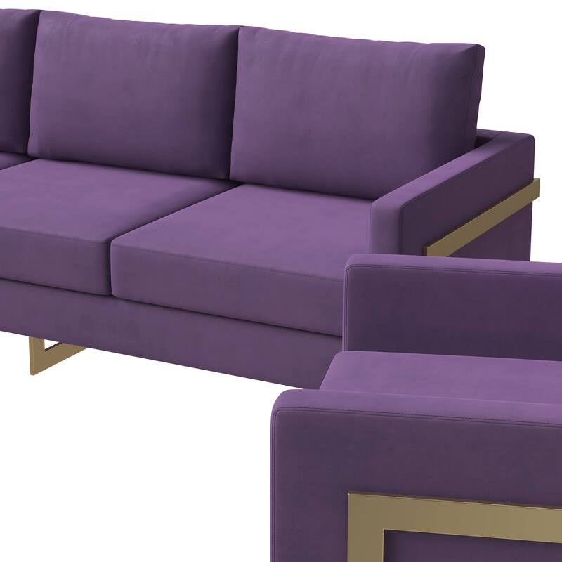 3-Piece Velvet Sofa Set with Gold Stainless Steel Base and Removable Cushions