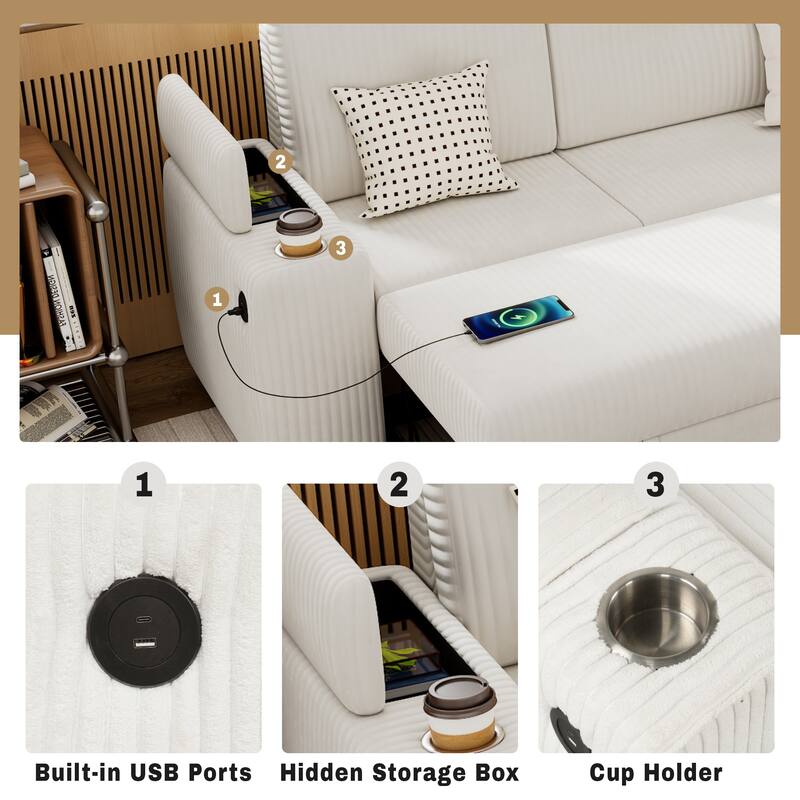 94" Convertible L-shaped Sectional Sofa with Pull-out Bed, Movable Ottoman and Stool, Storage, Cup Holder, and USB Ports