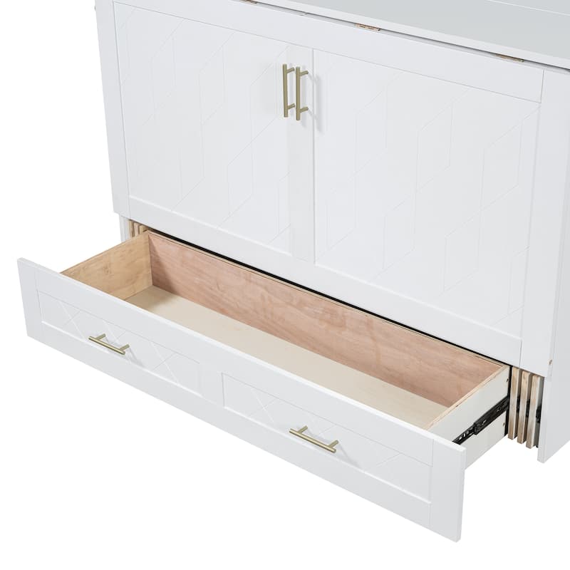 Queen Size Murphy Bed with Pulley System, Storage Drawer, USB Ports, and Sockets, Space-Saving