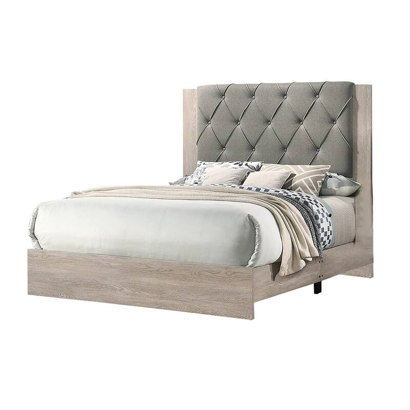 Queen Size Upholstered Bed with Tufted Gray Headboard in Cream Finish - Rubberwood Frame