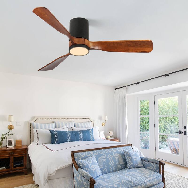 Indoor/Outdoor Flush Mount Ceiling Fan with Light & Remote Control, Rustic Wood Ceiling Fan, 6-Speed Reversible DC Motor Fan - Brown - 52 Inch