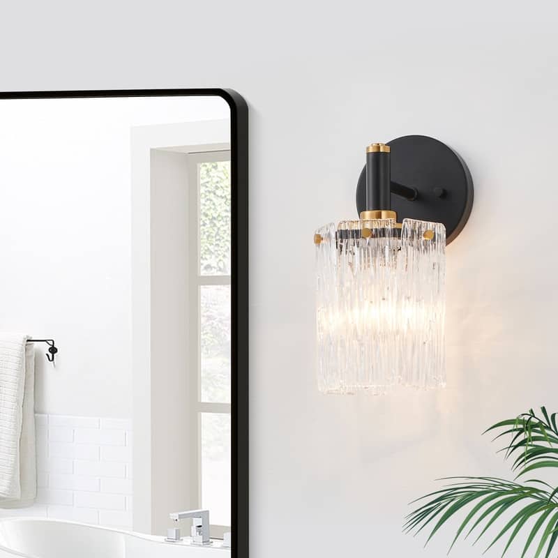 KAWOTI 1- Light Wall Sconce with Textured Glasses (Black & Gold) - W5.25"x H11" x D7.25" - W5.25"x H11" x D7.25"